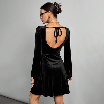 Women Clothing Simple Intellectual Dress Autumn Winter Backless Sexy Lace Up All Match Black Dress