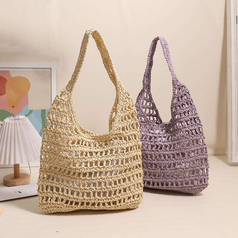 French Large Capacity Shoulder Straw Bag Hollow Out Cutout Tote Portable Straw Bag Woven Bag Seaside Vacation Beach Bag Bella Mia