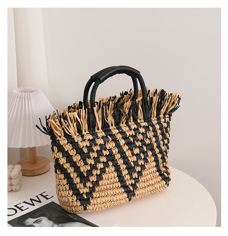 Color Matching Loose Edge Straw Bag Loose Edge Portable Color Matching Woven Bag Seaside Vacation Beach Bag Women Bag Bella Mia