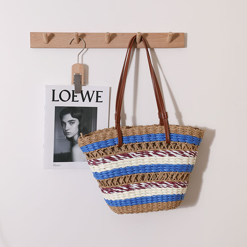 Hollow Out Cutout Straw Bag Vintage Stripe Portable Straw Bag Woven Bag Seaside Vacation Beach Bag Shoulder Bag Bella Mia