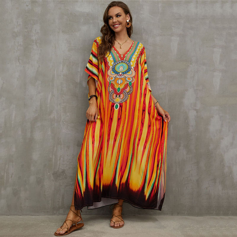 Rayon Positioning Printing Beach Cover Up V Neck Robe Vacation Skirt Bikini Cover Bella Mia