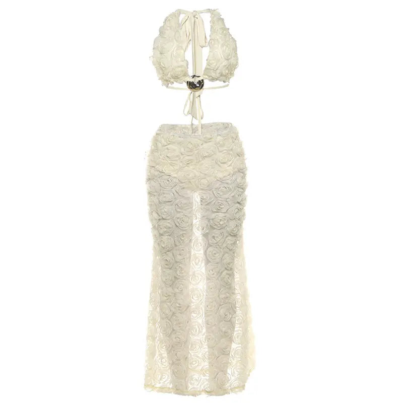 Sexy Halter Crop Top Three Piece Set With Backless Floral Midi Skirt Bella Mia