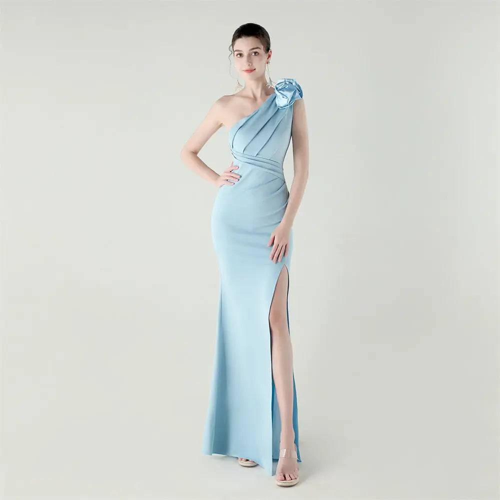 One Shoulder Three Dimensional Floral Satin Folding High Slit Sexy Evening Dress Dinner Wedding Social Bella Mia