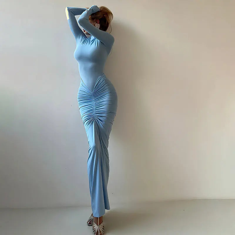 Women Clothing Autumn Solid Color Elegant Slim Slimming Pleated Turtleneck Long Sleeve Dress Bella Mia