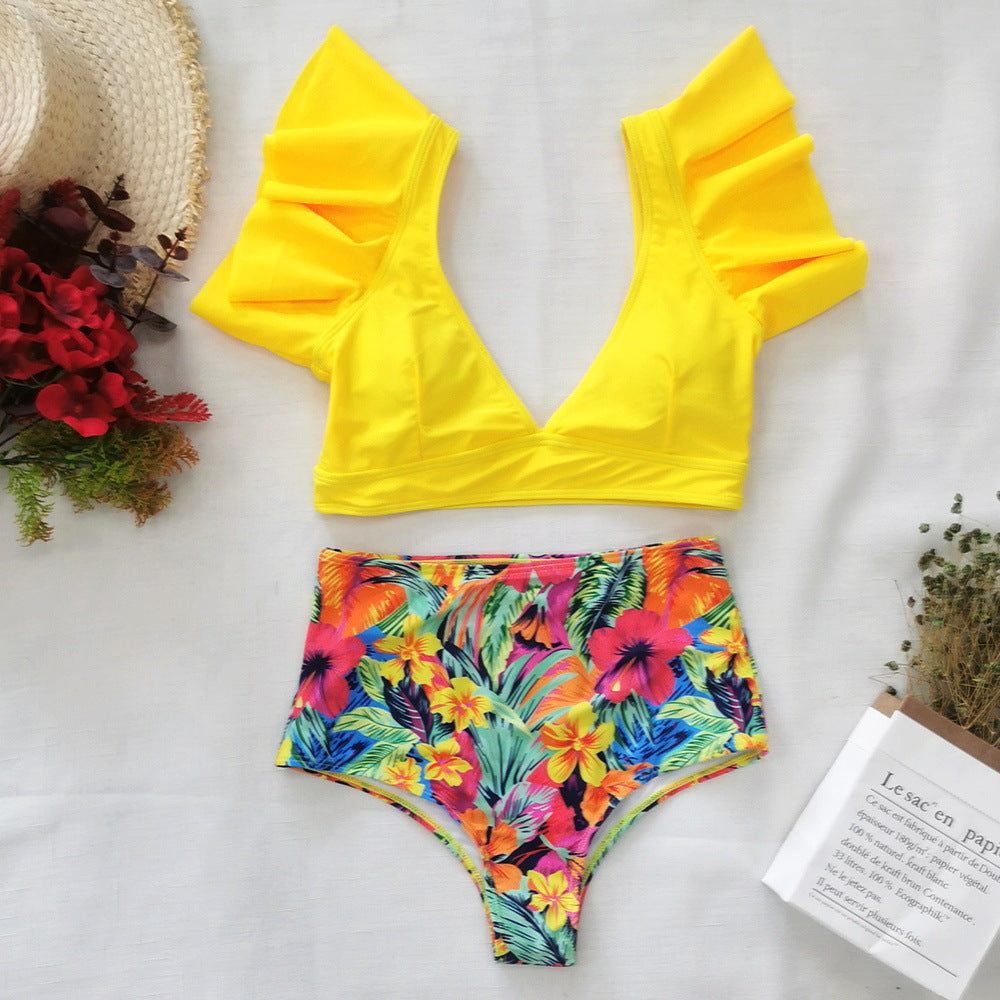 Floral Vintage High Waist Swimsuit Bikini Sexy Flounce Vest Deep V Plunge Plunge Swimsuit Bella Mia