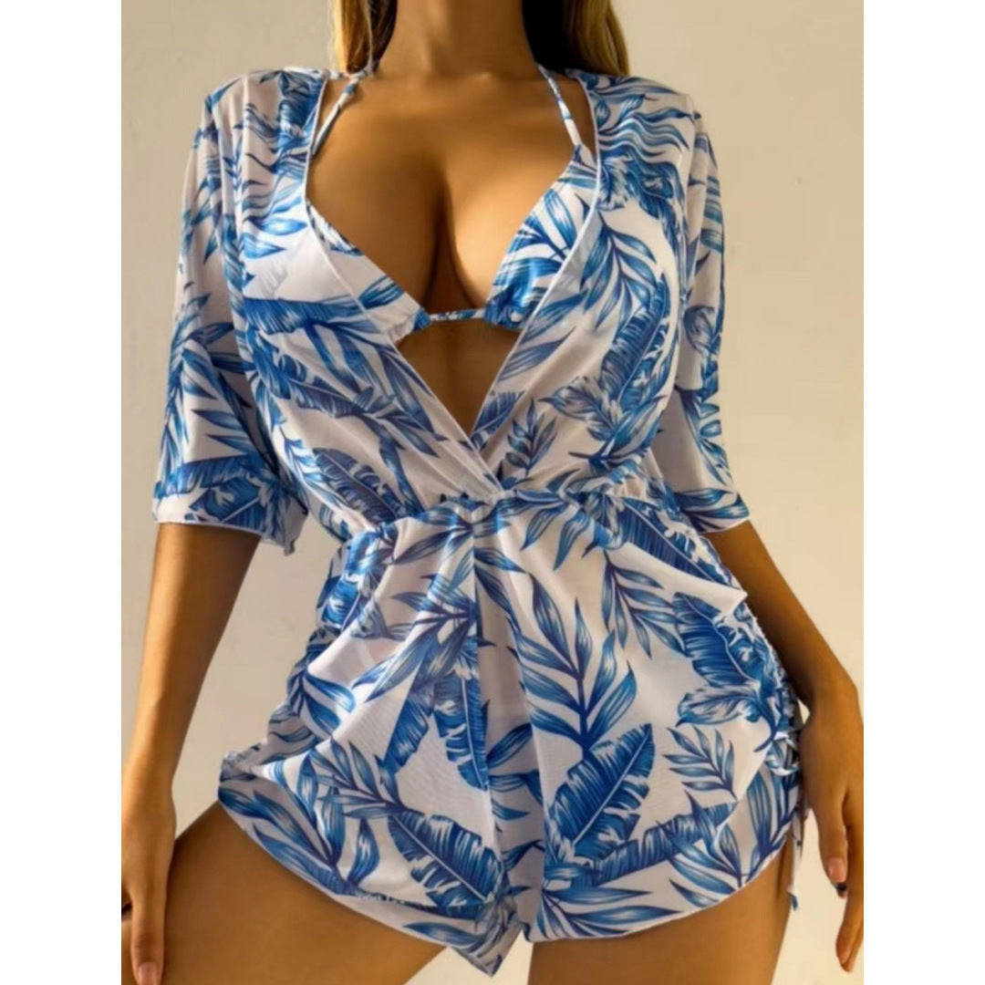 Three Piece Bikini Leaves Printed Waist Controlled Lace up Long Sleeve Beach Anti Ddos Swimsuit Bella Mia