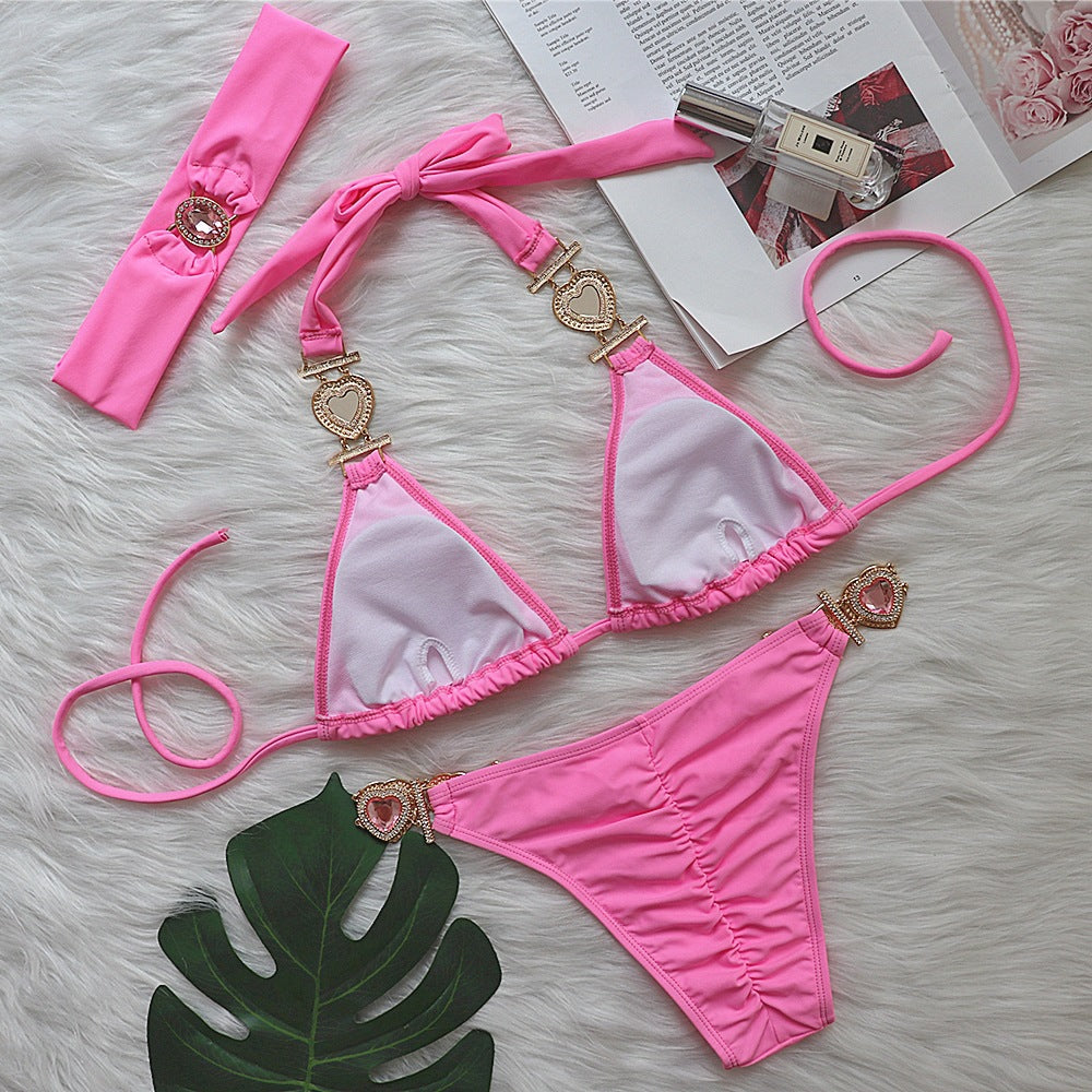 Sexy Luxury Crystal Diamond Bikini Solid Color Women Split Bandage Swimsuit Metal Accessories Swimsuit Bella Mia