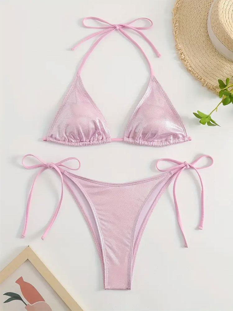 Solid Color Tied Sexy Split Swimsuit Women Three Point Beach Bikini Swimming Set Bella Mia