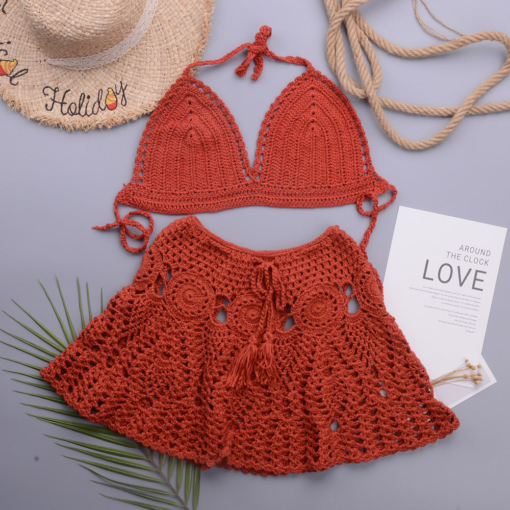 Hollowed out Lotus Bud Short Skirt Split Hand Woven Beach Swimsuit Vacation Two Piece Sets Bella Mia