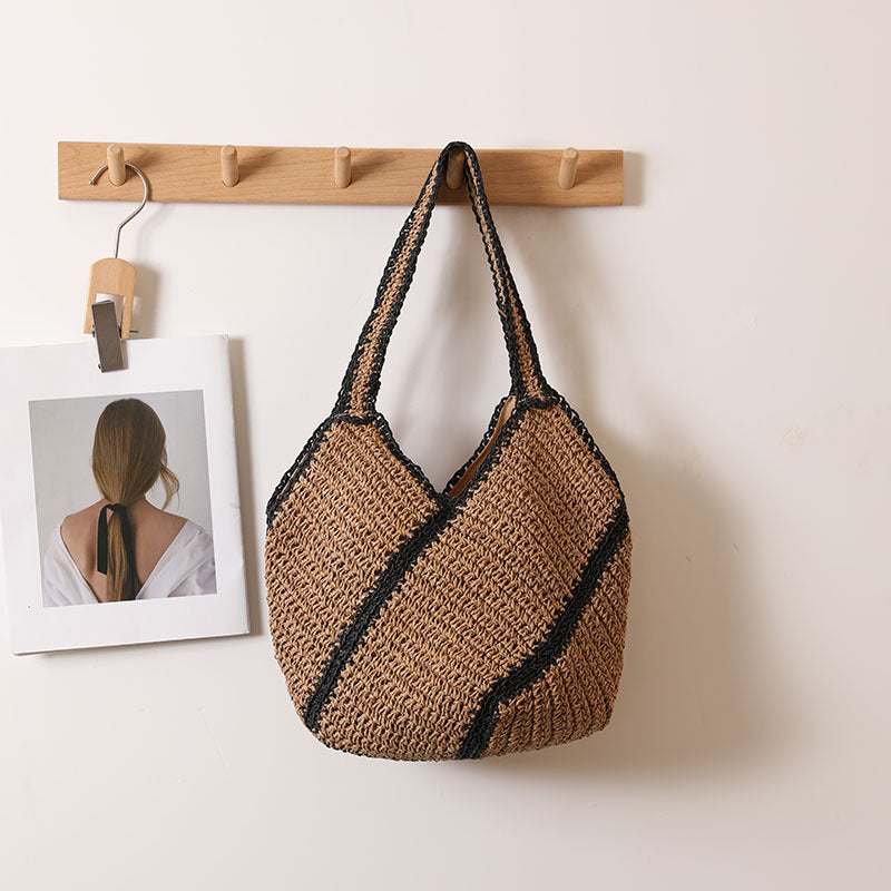 Niche Geometric Abstract Shoulder Straw Bag Color Contrast Large Capacity Straw Bag Woven Bag Seaside Vacation Beach Bag Bella Mia