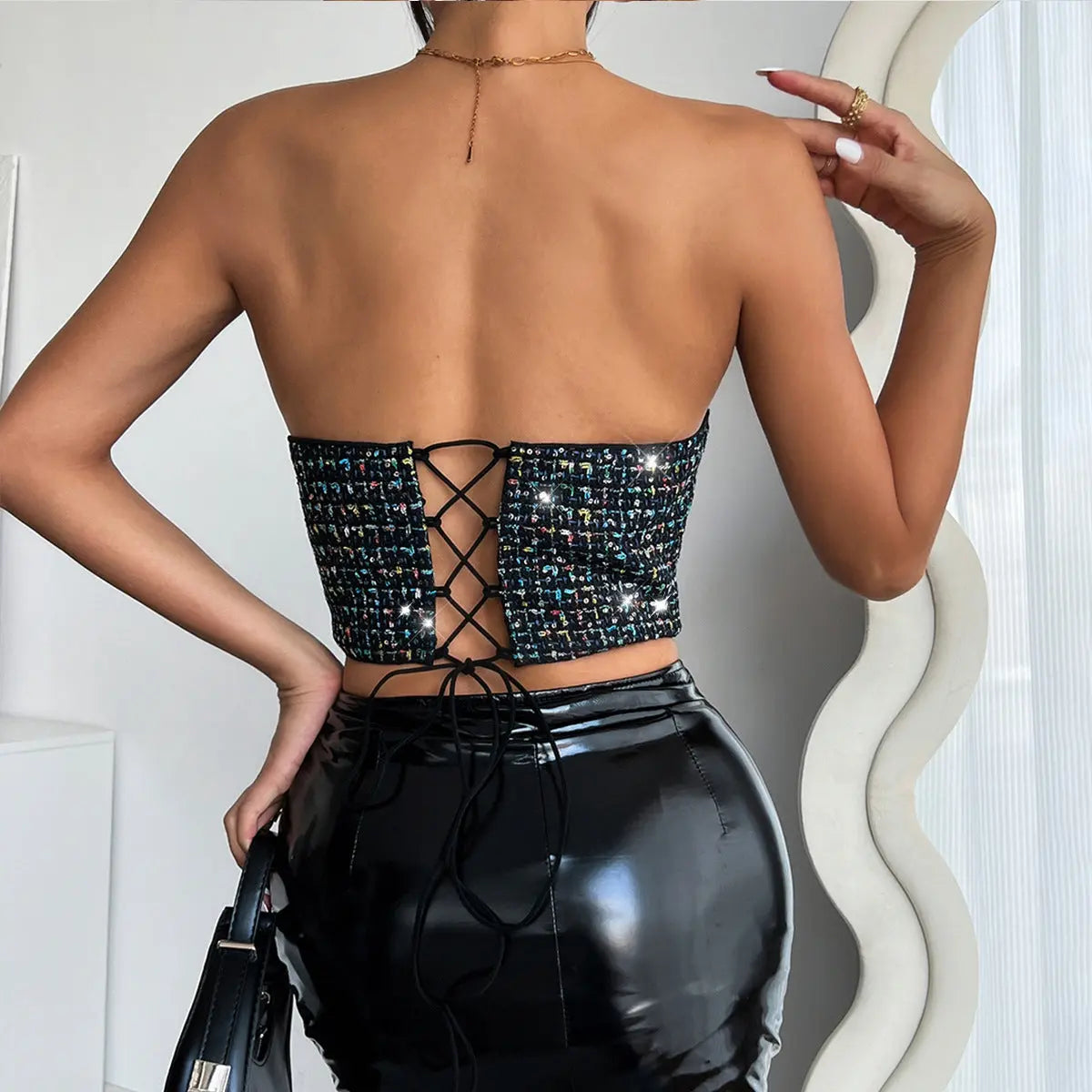 Women Sequined Lace Up Tube Top Crop Polyester Sexy Slim Fit Bella Mia