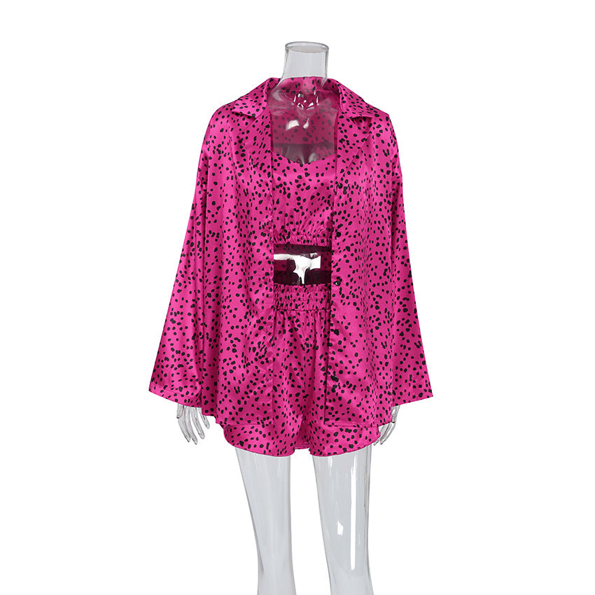 Autumn Satin Polka Dot Printed Homewear Underwear Shorts Outerwear Gown Three Piece Pajamas Bella Mia