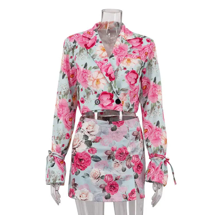 Women Clothing Digital Printing Skirt Collared Long Sleeve Top High Waist Short Skirt Two Piece Sets Bella Mia