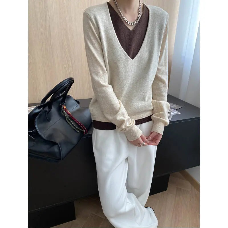 Early Autumn Contrast Colors False Two Piece V neck Loose Slimming Lazy Sweater Bella Mia