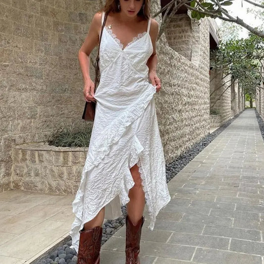 French Design Irregular Asymmetric Hem Backless Sexy Dress Women Lace Stitching Sleeveless Cami Dress Bella Mia