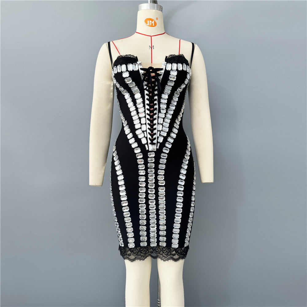 Sexy Sling Lace Stitching Bandage Dress Heavy Industry Rhinestone Personalized Party Dinner Dress