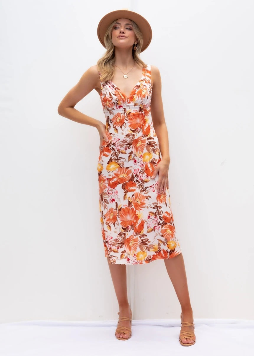 Spring Front Back V-neck Sleeveless Printed Slim-Fit Sexy Dress Women Clothing Floral Burst Bella Mia