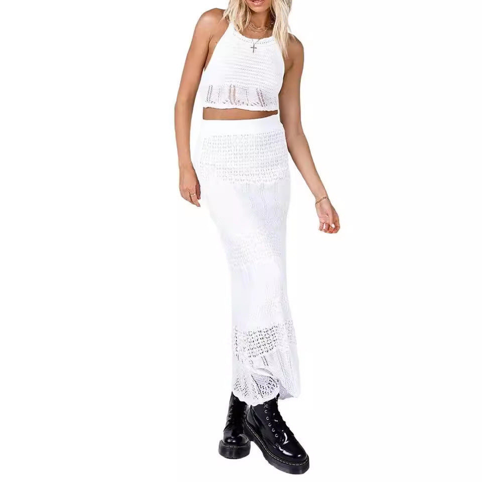Women Clothes Sexy Backless Top High Waist Skirt Two Piece Sets Summer Knitted Beach Vacation Bella Mia