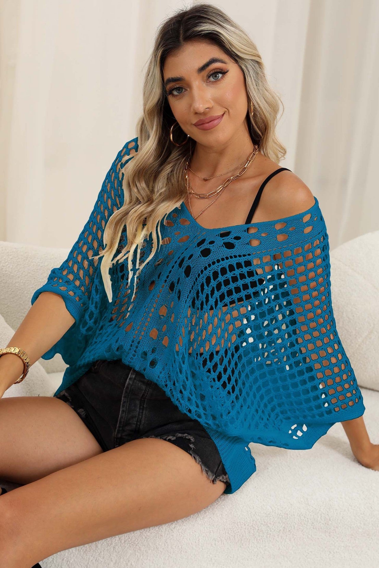 Women Bikini Cover Up Blouse Women Clothing Hollow Out Cutout Woven Shirt Batwing Sleeve Loose Casual Top Bella Mia