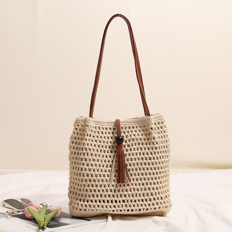 Pleated Shoulder Cotton Thread Woven Bag Tassel Straw Bag Vacation Beach Bag Women Bag Bella Mia