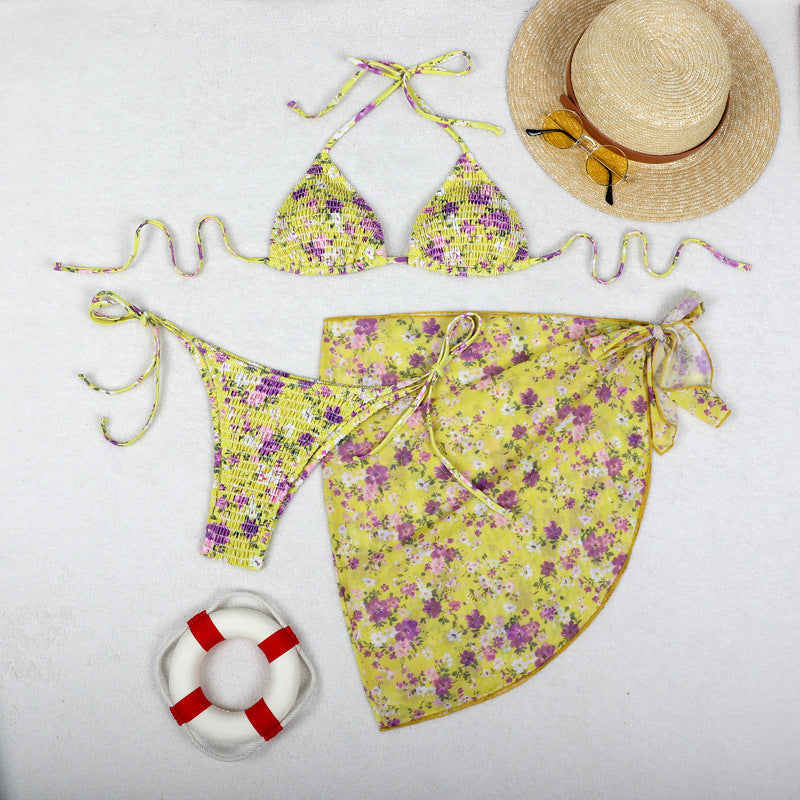 Printed Bikini Three Piece Gauze Skirt Split Sexy Vacation Bikini Swimsuit Bella Mia