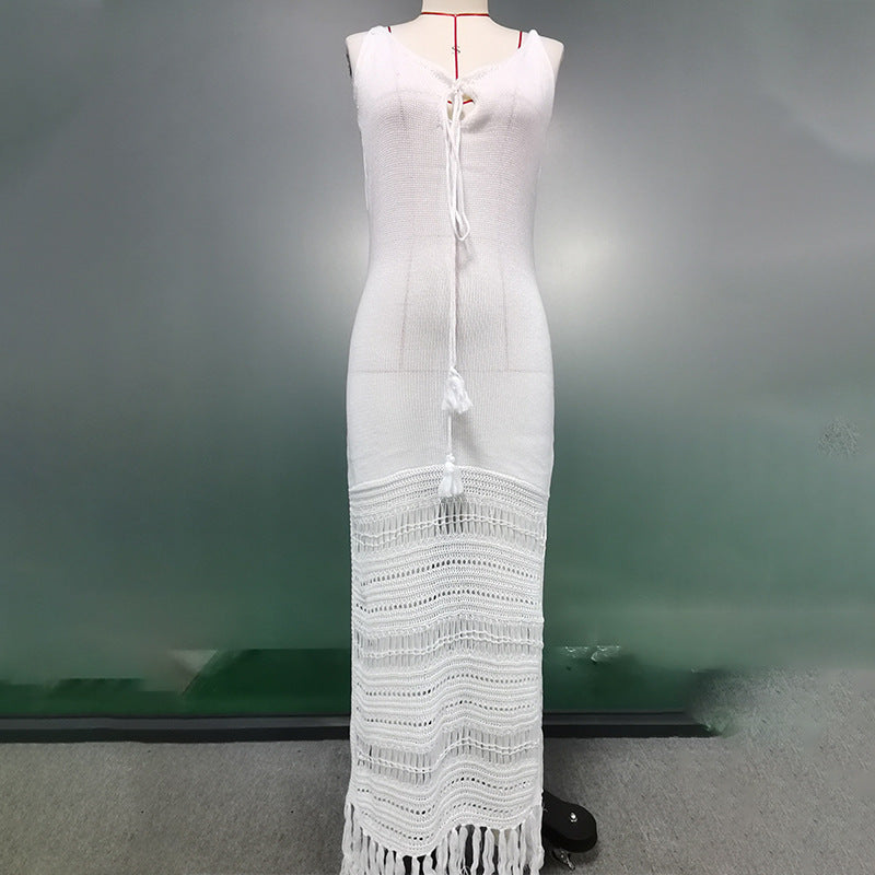 Summer Beach Dress Women Solid Color Spaghetti Straps Knitted Hollow Out Cinched Tassel Midi Dress Swimsuit Blouse Crochet hook Bella Mia