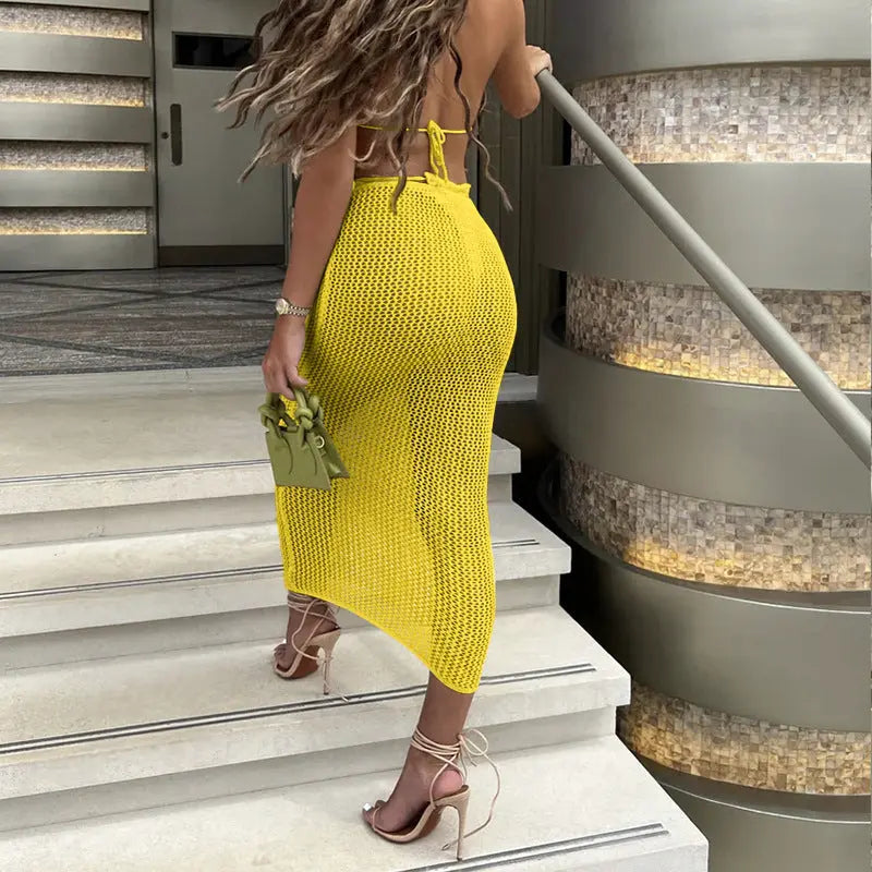 Boho Hollow Out Maxi Beach Cover Up Set With Back Strap Sun Protection Bella Mia