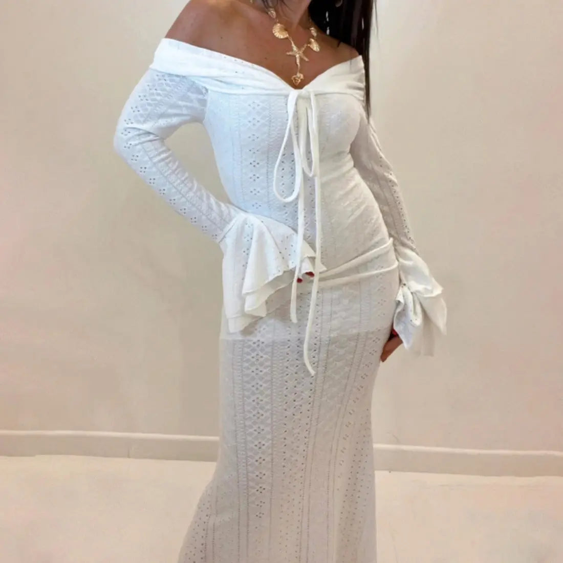 Summer Women Clothing Elegant Slim Sexy off Neck Flared Sleeves Dress Bella Mia