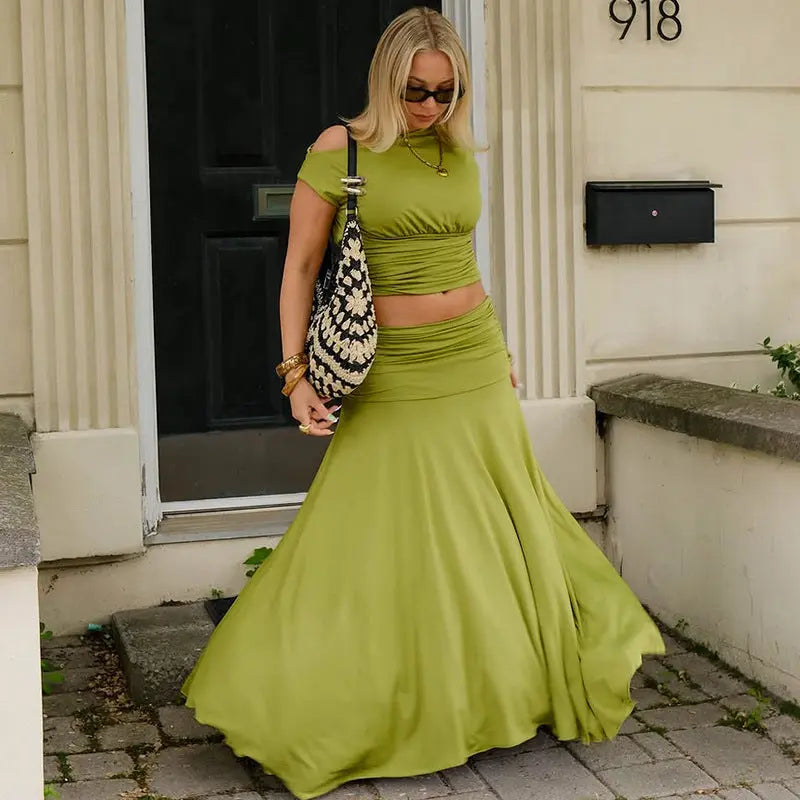 Women Clothing Summer One Shoulder Pleated Slim Fit Skirt Set Bella Mia
