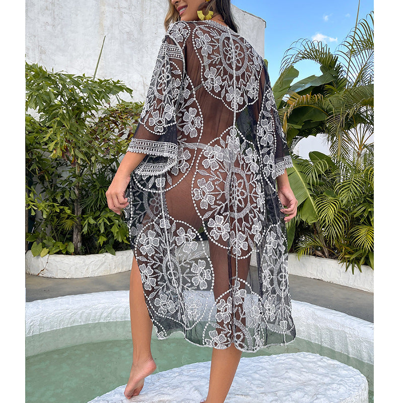 Water Soluble Silk Sun Protection Clothing Hollow Out Cutout Embroidered Strap Loose Sexy Casual Beach Cover Up Bella Mia