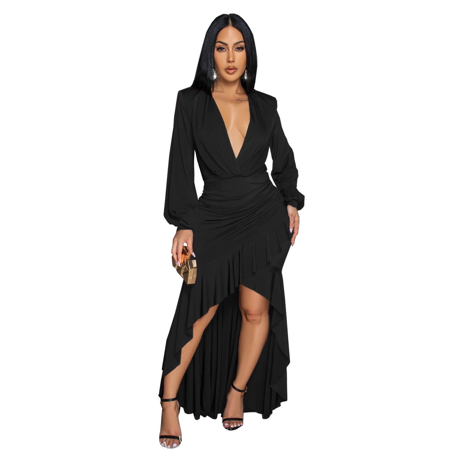 Women Wear Elegant V neck Split Long Sleeve Solid Color Dress Bella Mia