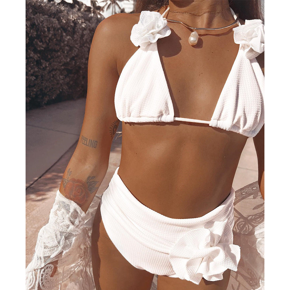 Solid Color Rib Fabric Three Point Bikini Split Swimsuit Women High Waist Strap 3D Decoration Bella Mia