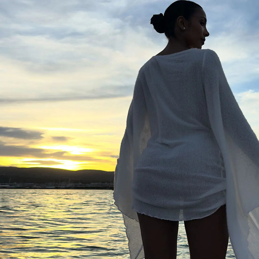 Autumn Winter Sexy Swing Collar Bell Sleeve Solid Color Sheath Short Bella Mia