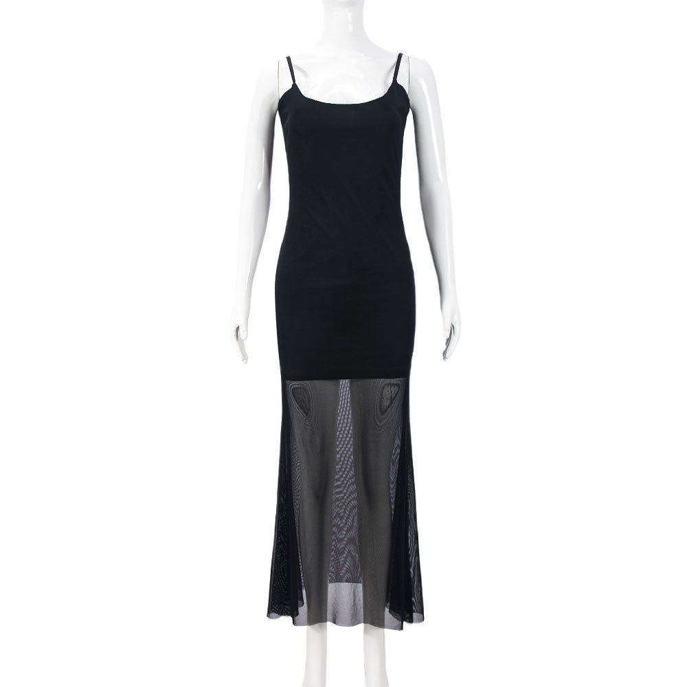Women Clothing Autumn Cocktail Party Dinner High Mesh Double Layer U Collar Sexy Sling Slim Fit Dress
