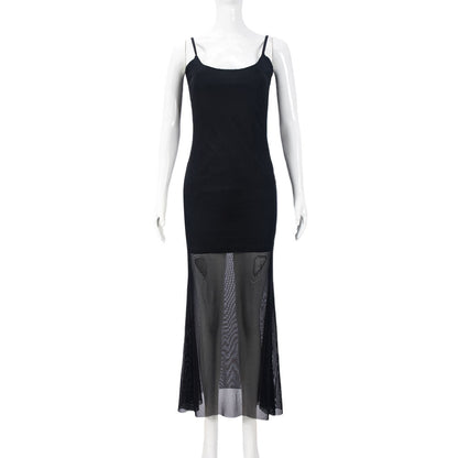 Women Clothing Autumn Cocktail Party Dinner High Mesh Double Layer U Collar Sexy Sling Slim Fit Dress