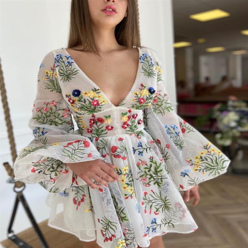 Summer Women Clothing Mesh Embroidered Design Lantern Sleeve Fairy Dress Birthday Party Dress Bella Mia