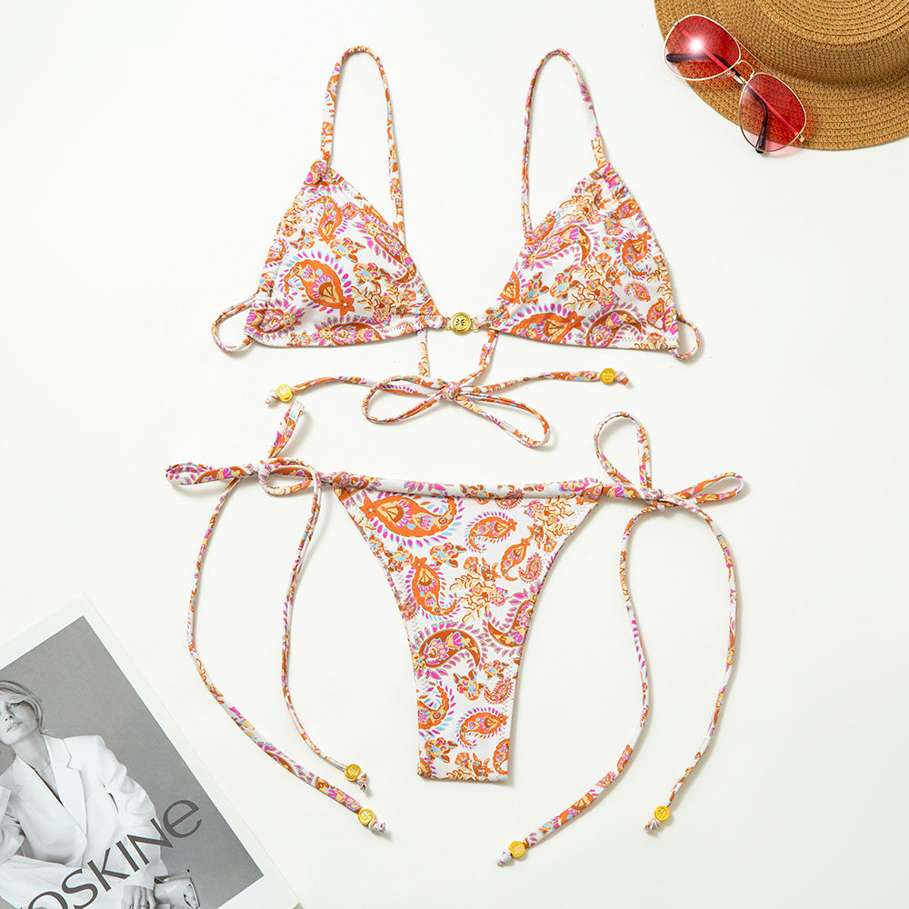 Fresh Printed Split Swimsuit Women Sexy Lace up Backless Bikini Bella Mia