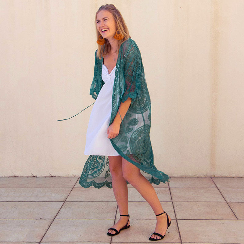 New Lace Embroidered Mid-Length Beach Cover-up Sexy Cardigan Vacation Sun Protection Shirt Swimsuit Blouse Bella Mia