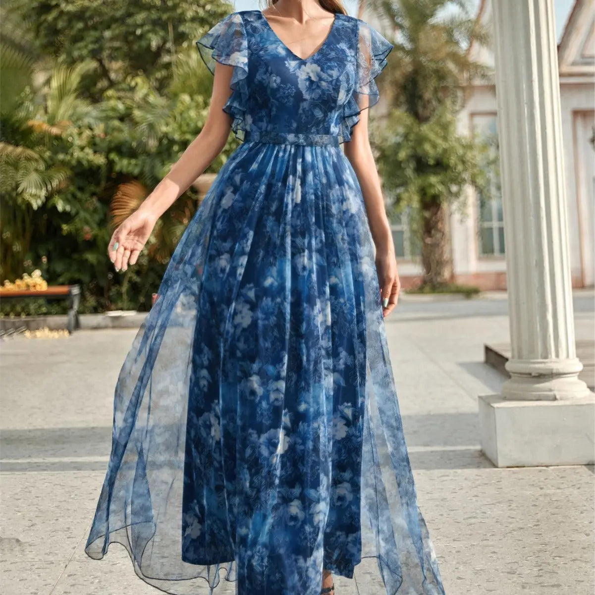 Evening Dress V neck Printed Mesh Ruffled Large Swing Party Dress Bridesmaid Dress Dance Dress Spring A Line Bella Mia