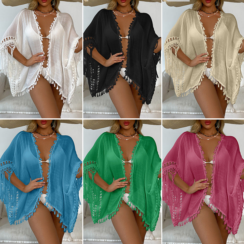 Tassel Cardigan Hand Crocheting Sleeve Edge Sexy Loose Casual Vacation Beach Sunscreen Swimsuit Cover Bella Mia