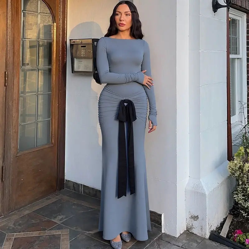 Women Clothing Summer Solid Color Pleated Waist Controlled Lace up Long Sleeve Dress Women Bella Mia