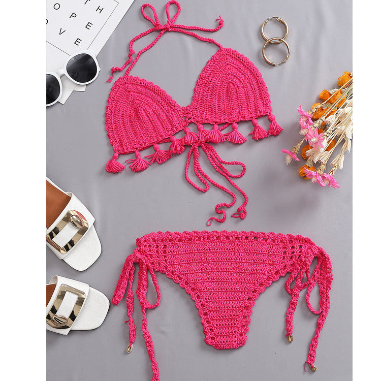 Beach Vacation Knitted Hand Crocheting Sexy Bikini Tassel Shell Strap Split Suit Multi-Color Optional Crochet hook Bella Mia