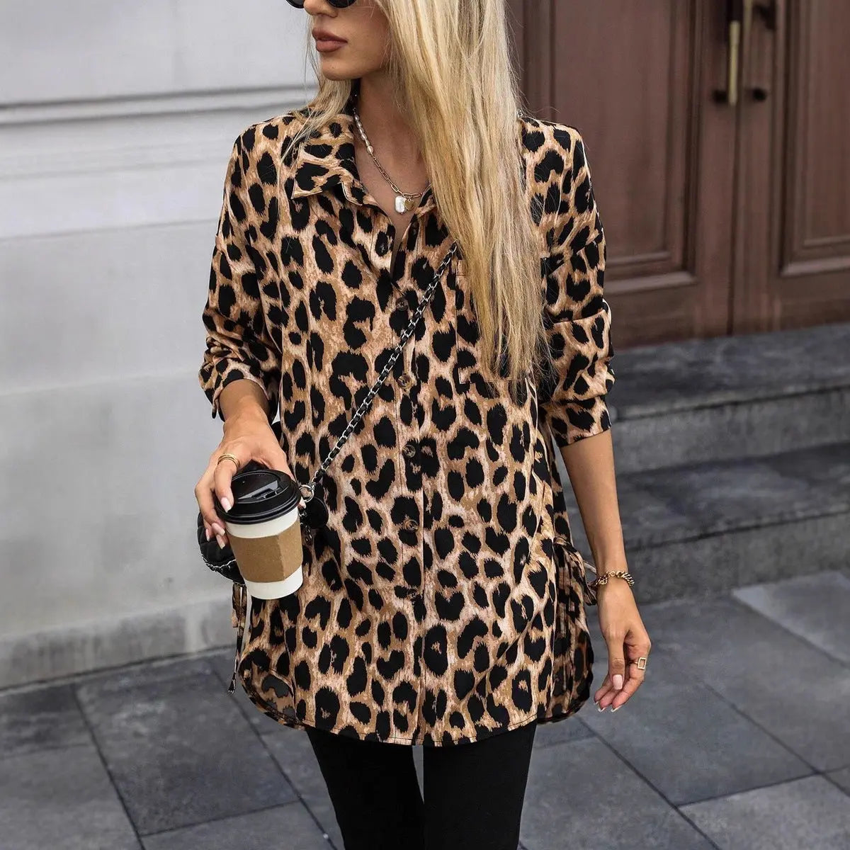 Women Autumn Satin Leopard Print Shirt Printed Long Sleeve Long Shirt Bella Mia