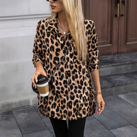 Women Autumn Satin Leopard Print Shirt Printed Long Sleeve Long Shirt Bella Mia