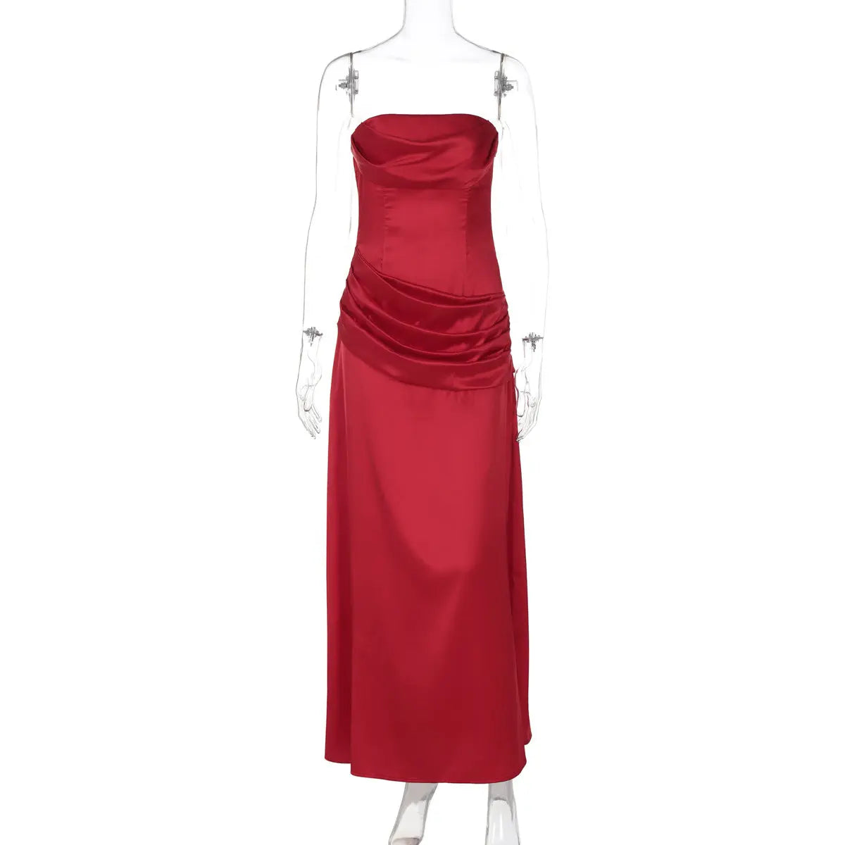 Summer Solid Color Satin Pleated Maxi Dress For Women Strapless Bella Mia