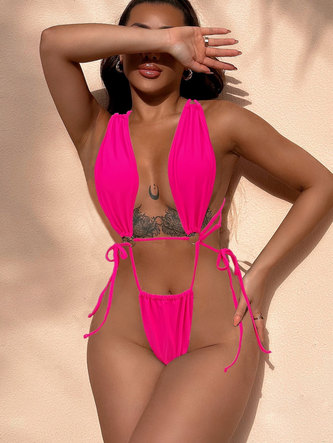 Bikini Double One Piece Swimsuit Solid Color Bikini Swimwear Women Cross Swimsuit Sexy Bella Mia