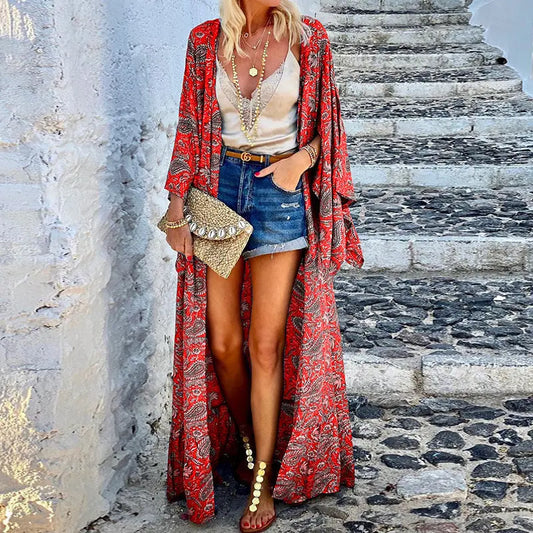Women Clothing Printed Loose Long Sleeves Mid-Length Beach Bohemian Cardigan Bella Mia