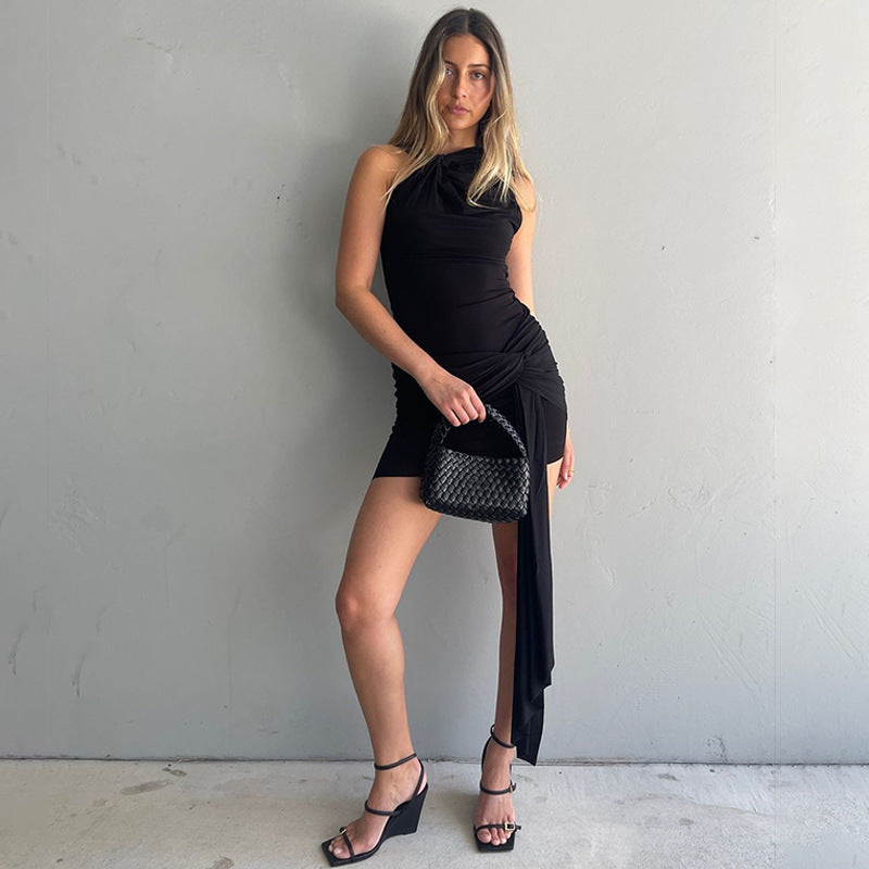 Summer Solid Color Lace up Pleated Slim Fit Sexy Sheath Dress Bella Mia