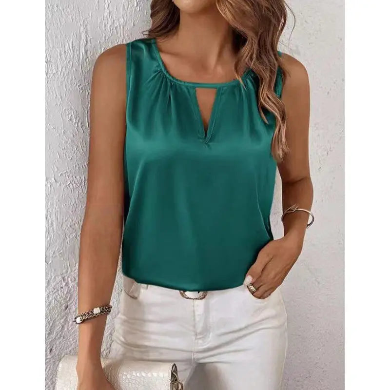 Women Clothing Summer Satin Pleated T shirt Satin Vest Hollow Out Cutout Sleeveless Top Bella Mia