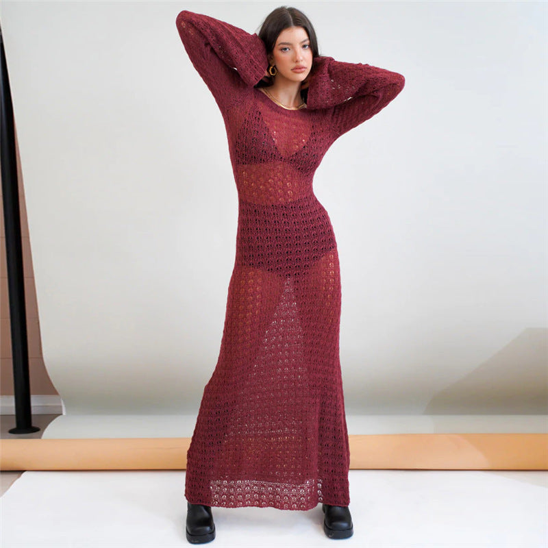Sexy Backless Knitted Dress Hollow Out Cutout out See through Fishnet Long Sleeve Summer Sun Protection by the Sea Dress Women Bella Mia